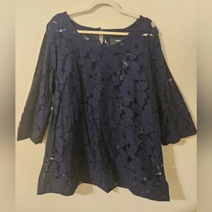 Dennis Basso Navy Floral Lace Blouse